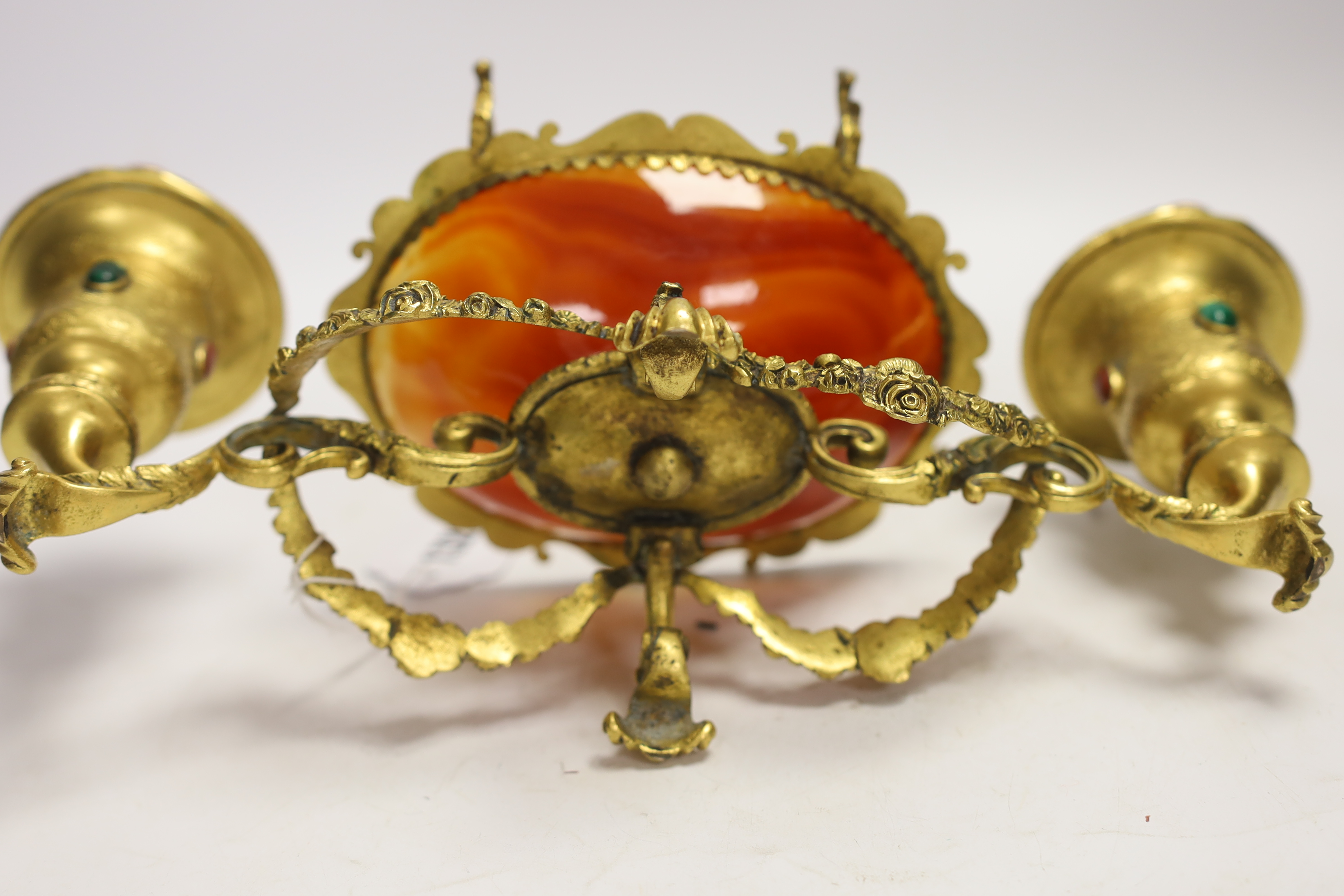 A late 19th century French ormolu and agate inkstand, 32cm wide